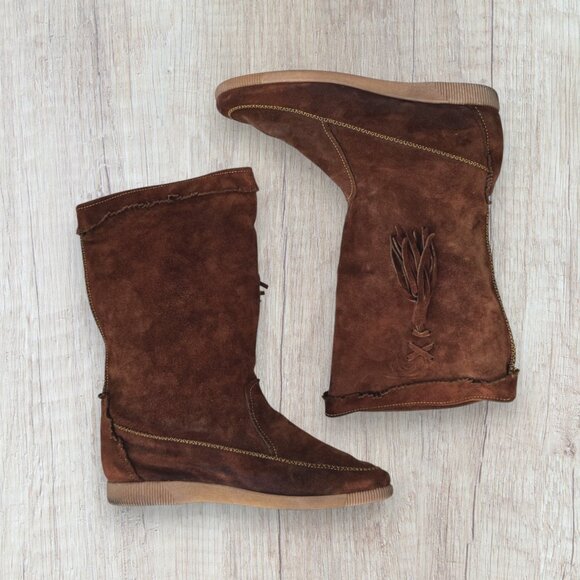 Vintage Maine Woods Brown Suede Fringe Tassel Boots Moccasin Style Boho Retro 70 - Picture 1 of 11